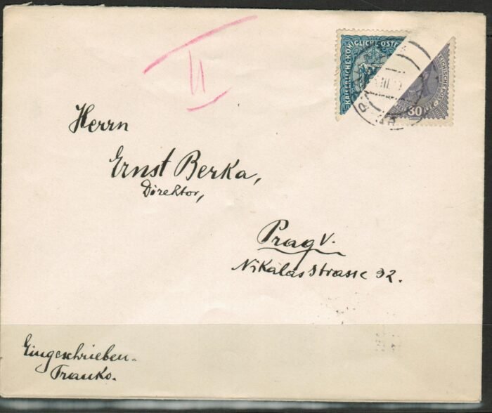 60 heller Austria 1916 stamp nd30 Heller 1917 stamp bisected diagonally to pay 45 heller registry rate Praha 6 III 1919 F/VF