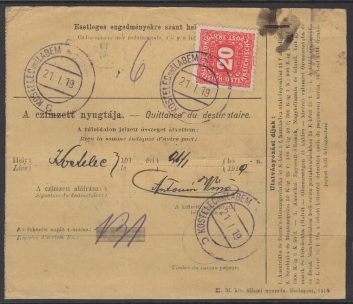 20 heller Austria postage due stamp on Hungarian money order Kostelec nad Labem 21 I 19 cancel VG