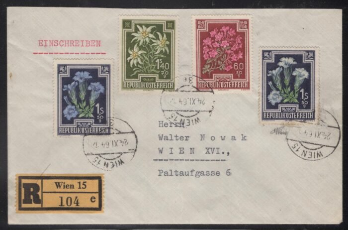 Austria MI 873, 876, 877 and 876 F I misplaced blue color variety on Reg cover expertized F/VF RRR