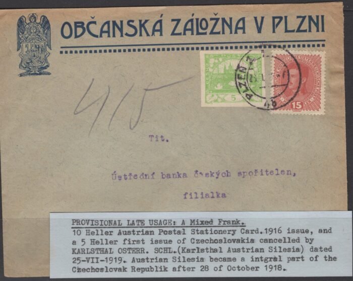 15 heller Austria 1916 stamp and a 5 heller Czech stamp mixed franking F/VF