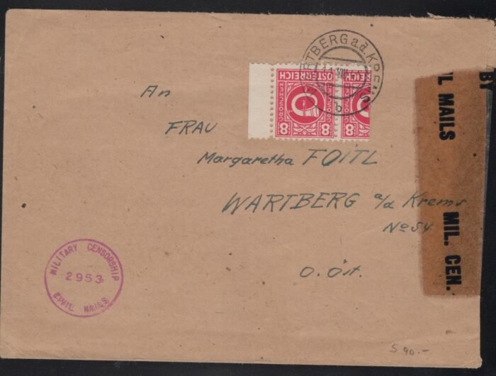 Austria MI 726 single and vertical bisect to pay 12 groschen rate censored cover Wateberg 11 August 1945 VF