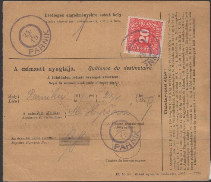 20 heller Austria postage due 1917 stamp on Hungarian money ordr to Parnik 24 I 1919 money order franked with Hungarian stamp F/VF