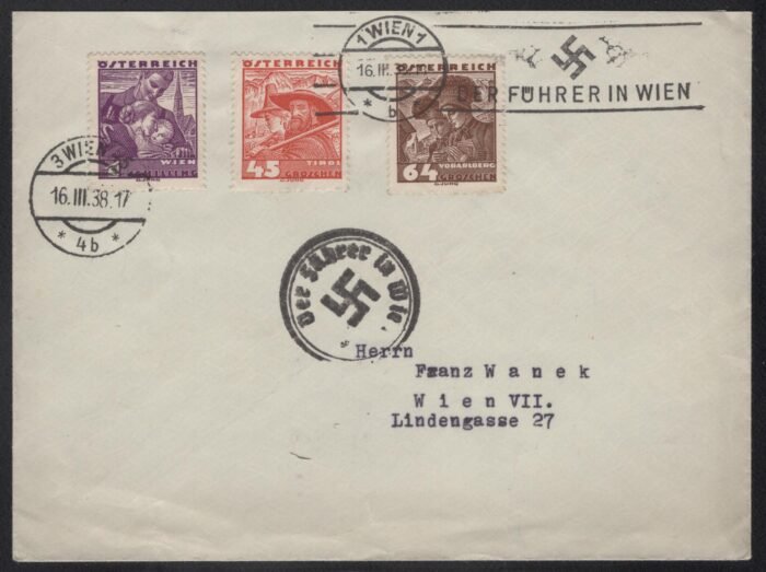 Austria MI 580, 582, 583 16 III 38 with Nazi cancels VF