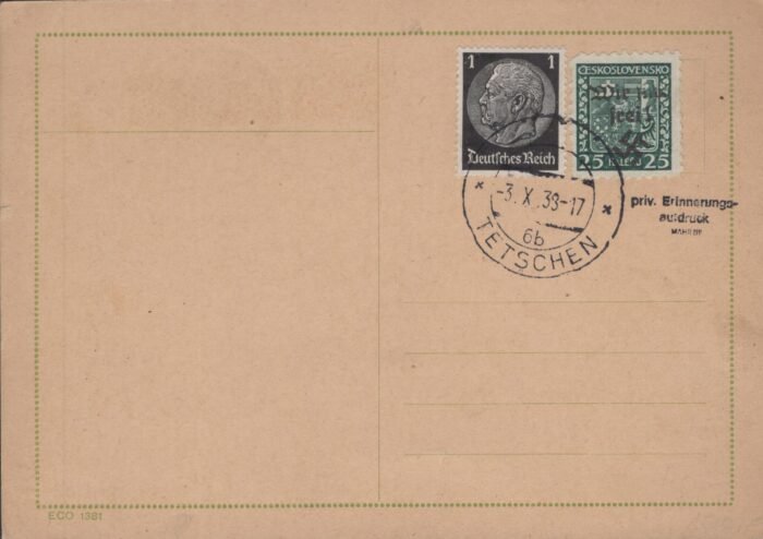 Sudetenland unaddressed cover with mixed franking cancelled 3 X 39 TETSCHEN VF expertized