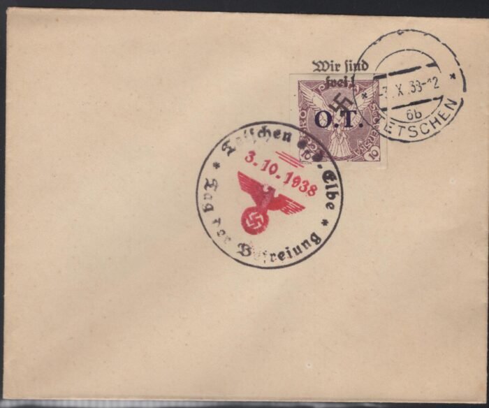 Sudetenland unaddressed cover with propaganda stamp and 3 10 39 TETSCHEN cancel VF