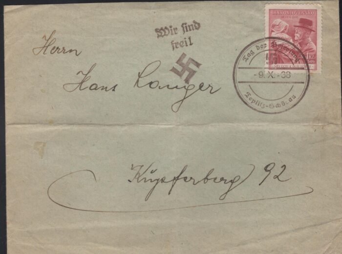 Sudetenland unaddressed cover with propaganda stamp and 9 X 38 Teplitz Schonau cancel horizontal fold npt affecting stamp or cancels F/VF