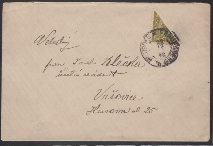 40 heller Austria 1916 issue bisected diagonaly and used for a 2o heller rate 29 XII 1918