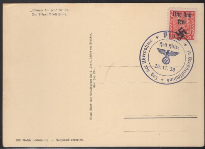 Sudetenland - Hitler foto card unaddressed with special Nazi cancel Plaw 25 11 1938 VF
