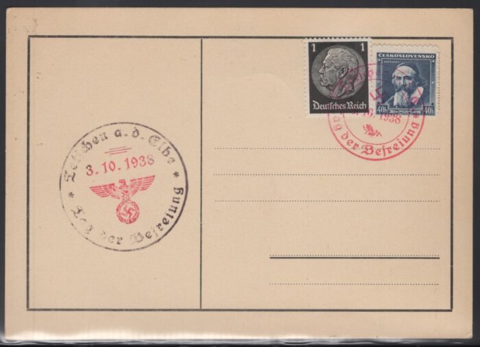 Sudetenland unaddressed post card with mixe franking and two Nazi specialized cancels VF