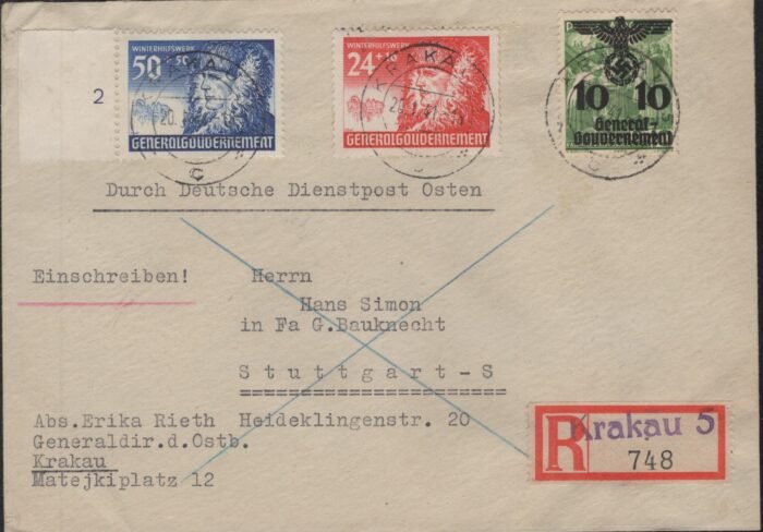 Dienstpost Osten Krakau Registered cover VF