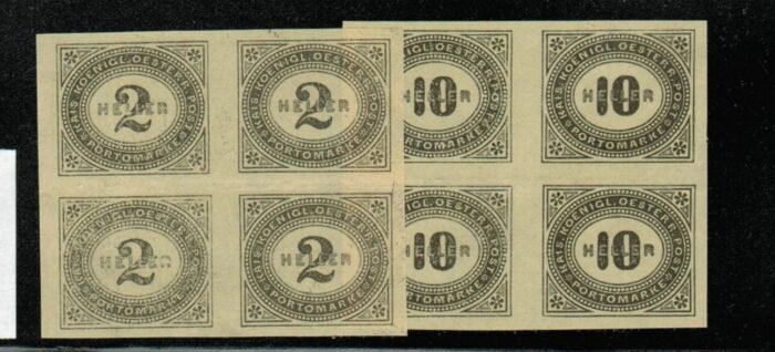 Austria: Scott J23, J28 var MIchel P23,P28 * no gum VF blocks of 4 imperforate cat 320 Euro