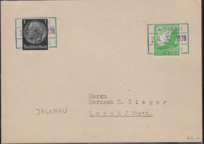 Sudetenland - DR 519 , 529 post card with provisional block Jagenau cancel VF