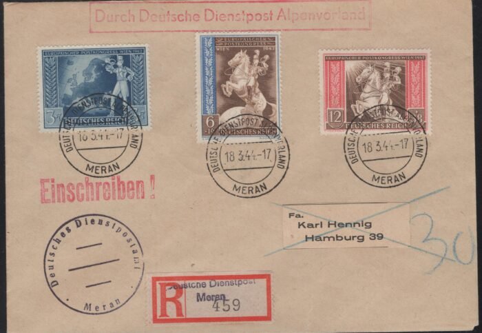Sudetenland -Alpenvorland Dienstpost - Hennig cover franked with DR 820-22 canceled Meran VF