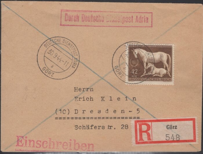 Sudetenland -Alpenvorland Dienstpost - Hennig cover franked with DR 831,844,857 canceled Triest VF