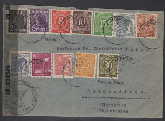 Early post war air mail censord letter to Argentina 14 8 47 Fine