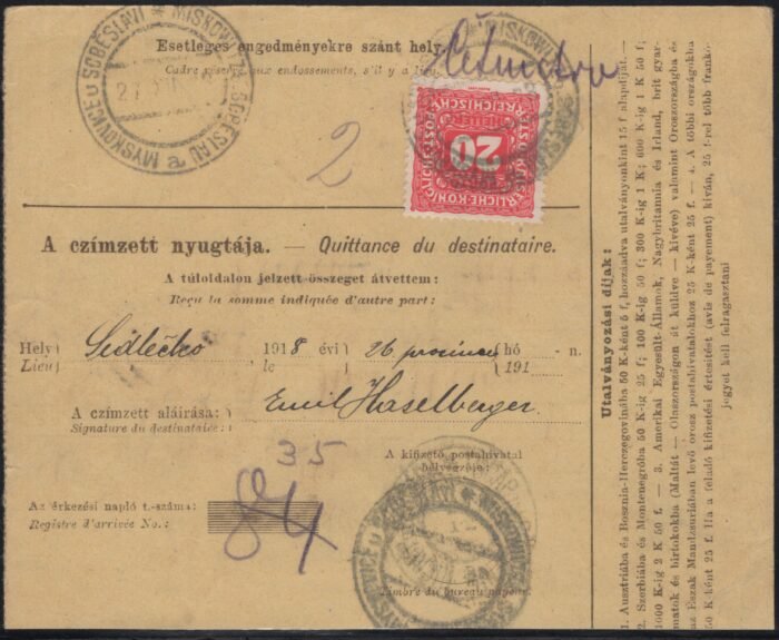 Czechoslovakia forerunner on money order with Austrian postage 20 due heller stamp jan 31 1910, with two cancelled Hungarian stamps on the reverse F/VF