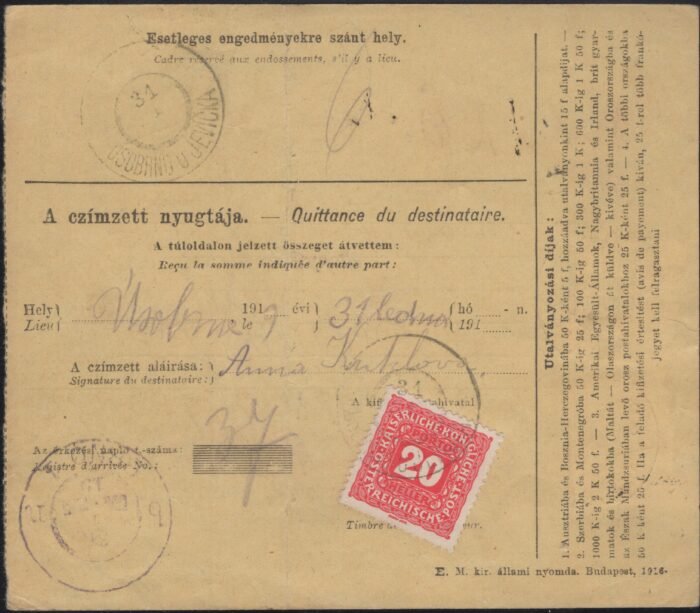 Czechoslovakia forerunner on money order with Austrian postage due 20 heller stamp dec 27 1918 F/VF