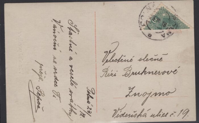 Cazechoslovakia forerunner on post card with Austrian postage 20 heller stamp bisected stampto pay post card rate canceled 23 XII 18 F/VF
