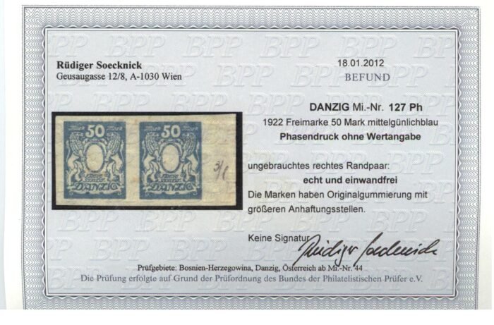 Danzig Scott#: 127 var Michel#: 127 Ph * F/VF large paper remnant certificate