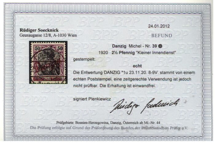 Danzig Scott#: 43 Michel#: U F/VF CTO cert