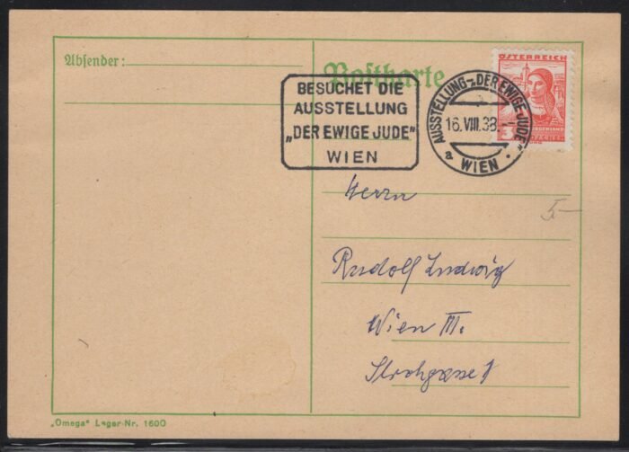 Austria post card with anti-Jewish propaganda cancel "DER EWIGE JUDE"