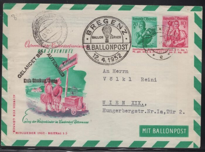 ANK Balloon Post 8a BREGENZ 12.4.52 cover F/VF