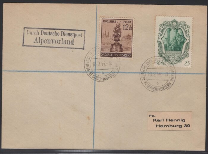 Deutsche Dientspost Alpenvorland Hennig cover franked with Ger 886 AND iTALY 635 cancelled  ST ULRICH 18.9.44 Vf