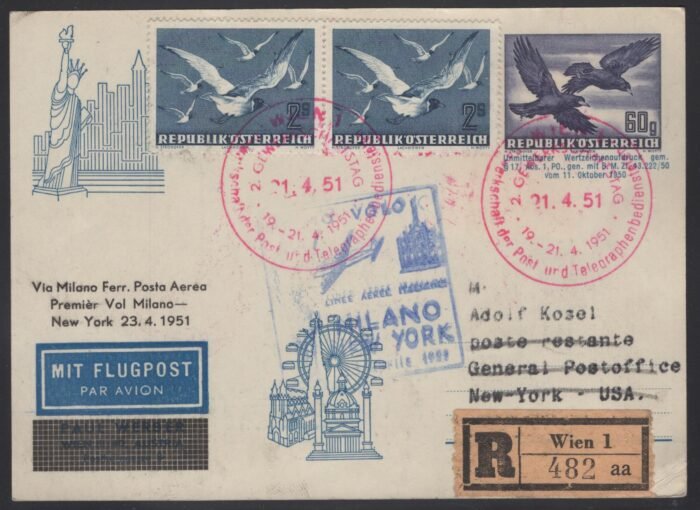 Austria MI 955, 956(2), 942 First flight to NY - returned letter with multiple markings on front and back F/VF