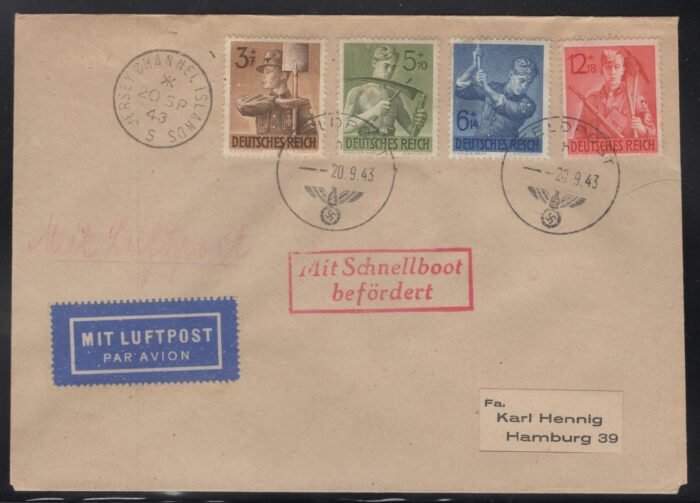 Jersey cover Ger 850-3 cancelled FELDPOST 20.8.43 f/vf with red stamps "Mit Schnellboot befordert"
