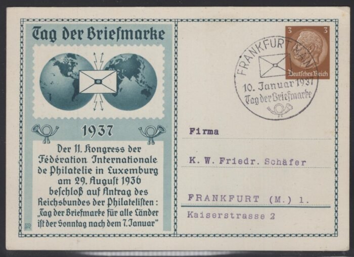 Third Reich 1937 TAG DER BRIFMARKE card with FRANKFUT 10 JAN 1937 postmark