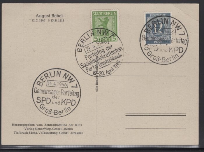 Soviet Zone MIchel 1B, 920  ppc of August Bebel  cancelled BERLIN 19 4 46 VF