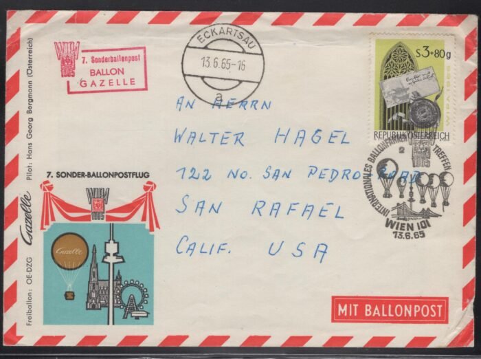 Austria Sonder-Balloonpostflug ANK 7a ECKARTSAU 13 6 65