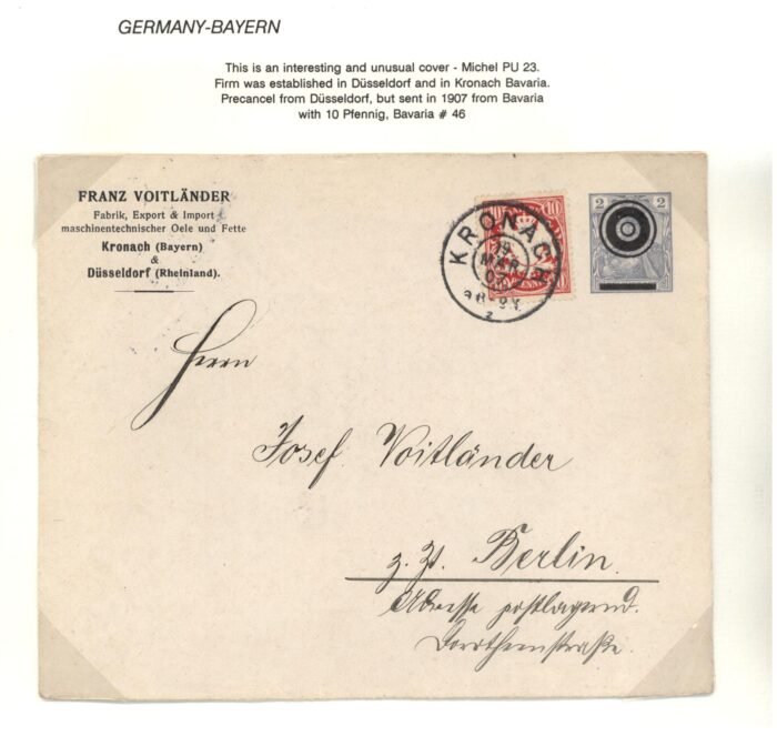 Germany letter entire Scott#: Deutches Reich Michel#: * F/VF Michel PU printed to private order postally used entire with 1907 cancel on the 10pf stamp and a precancel on the 2 pf stamp. - scarce