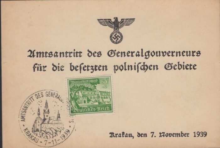 General Government DR MI 732 on commerative card with special cancel 7 11 1939 Krakau VF