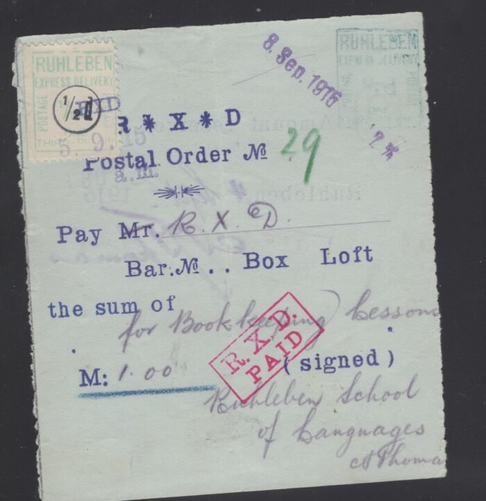 Ruhleben Lagerpost postal money order, Ruhleben Schoolm of Languages ent R.X.D. one mark on 3 Sep. Order was marked paid sep4 on back and mailed back to school on 5 Sep using Mi 3 stamp which was 1st day of use of the stamp F/VF