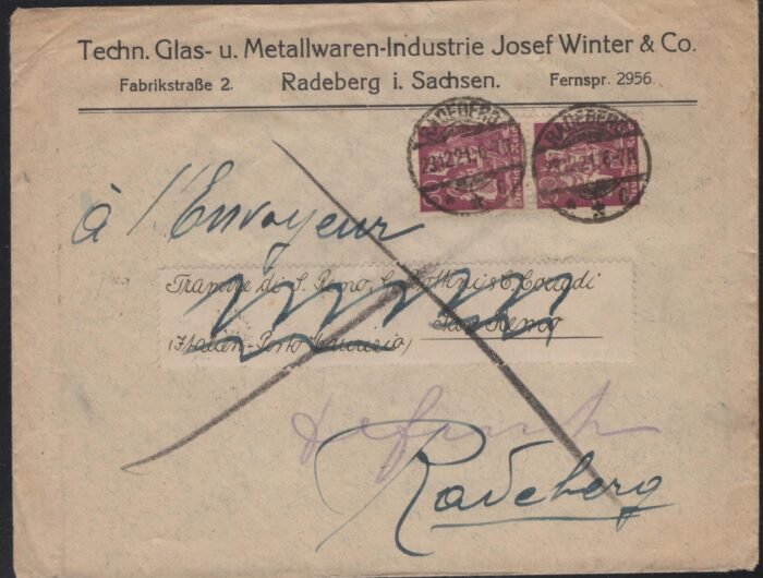Deutsches Reich MI 208 (2) cover Radeburg 23 12 21  VF