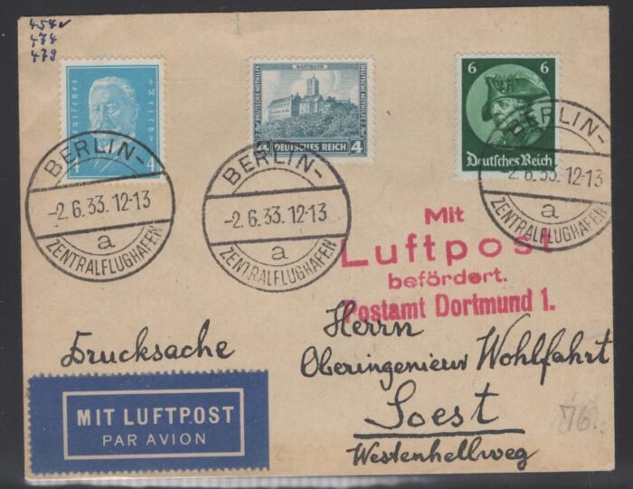 Third Reich ppc  Michel#:   MI 479, 474, 454 cover Berlin 2 6 33  VF