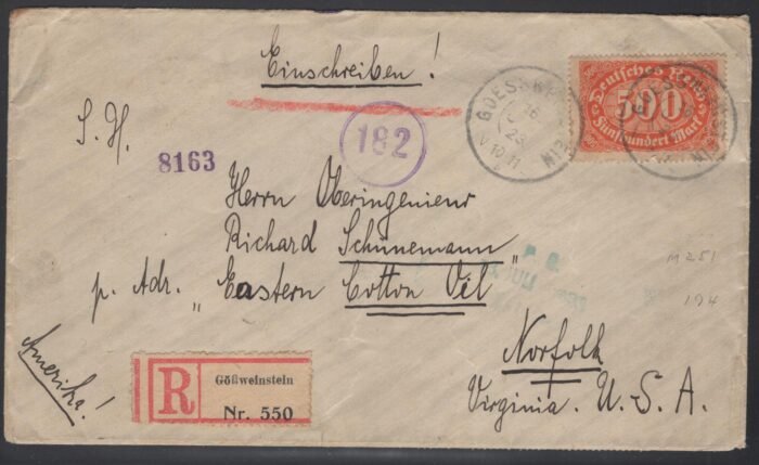Deutsches Reich MI 251, 227(40) (on Back) cover 16 Aug 23  F