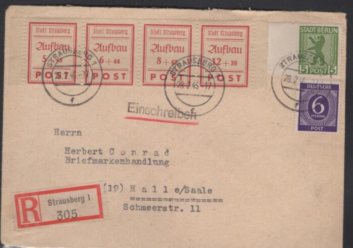 Germany Post WWII Locals Strausberg Michel# 34A-37A strip of 4 on registered cover U F/VF