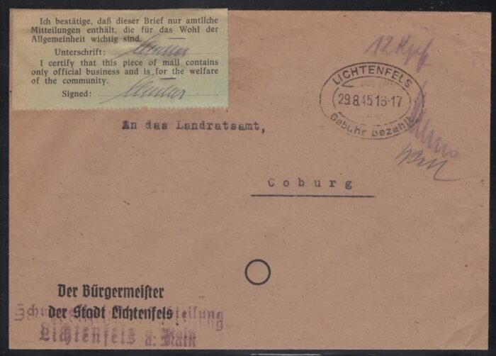 certified cover 29 8 45 gebuhr bezaht 2nd period   Vf
