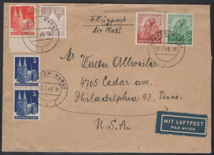 Bundesrepublik MI 75(2), 82, 87B, 106-7 air mail cover to US  VF