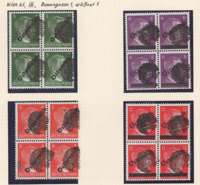 Austria: Scott#: 390-3 varieties Post WWII provisional issues Vienna locals Wien 65 VIII** blocks of 4 NH VF