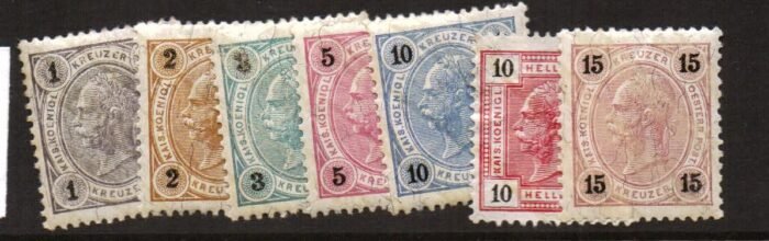 Austria: Scott#: 51-57 var Michel#: 150 PIII - 156 PIII * 10 kr no gum and 15 kr has sm closed tear cat 600 Euro