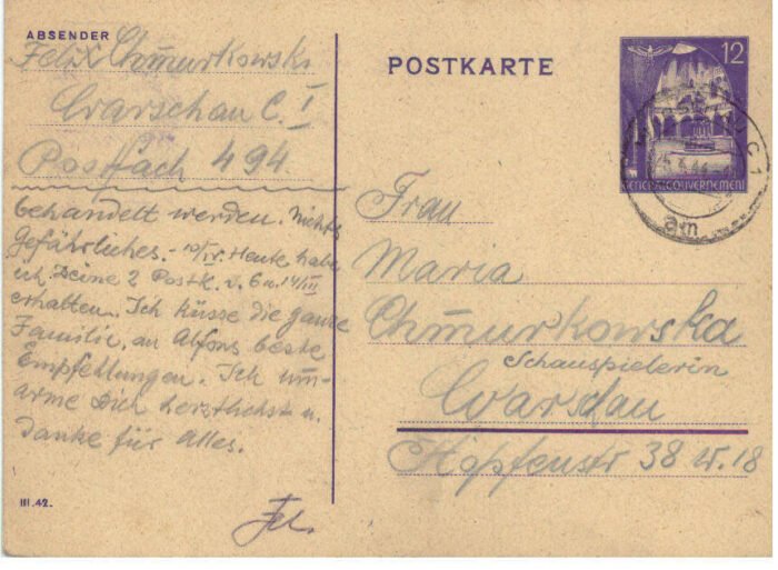 Germany Post Card Gen Govt Michel#: U VF General Government post card canceled 5.IV.44 Warsaw C1 from a sender in a labor camp hospital to his sister, an actress.