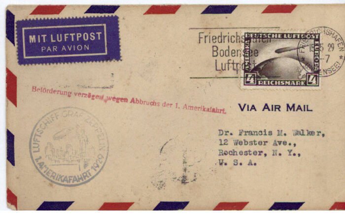 Germany Cover Zeppelin flight Michel#: U F/VF Graf Zeppelin 1st flight to US cover posted at Friedrichshafen 15.5.29 but stamped in red that delivery was delayed by a mishap on the flight. Back stamped with arrival stamp Aug 5!