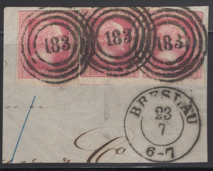 Prussia Scott#: 11var Michel#: 10b U F/VF horizontal strip of 3 almost 4 margins