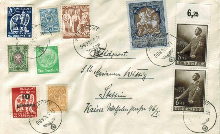 Poland cover with mixed franking of Polish and German stamps with Feldpost cancels