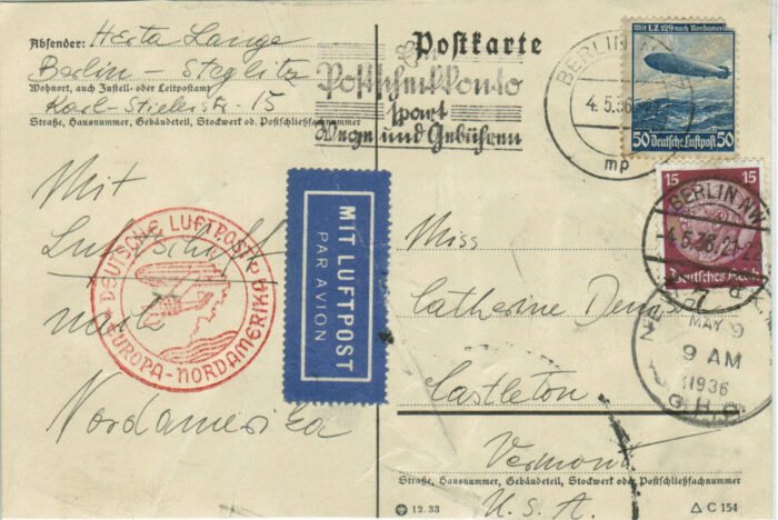 Germany Zeppelin flightBerlin to Newark NJ 4.5.36 G/VG