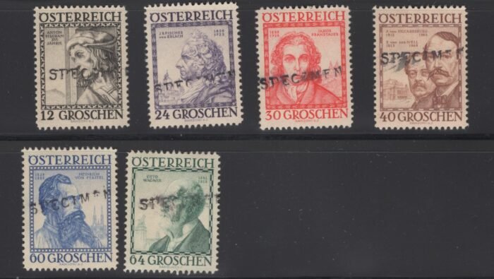 Austria: Scott# B122-7 varieties Michel#: 591-596 overeprinted "SPECIMEN" mint no gum as always  F/VF RR