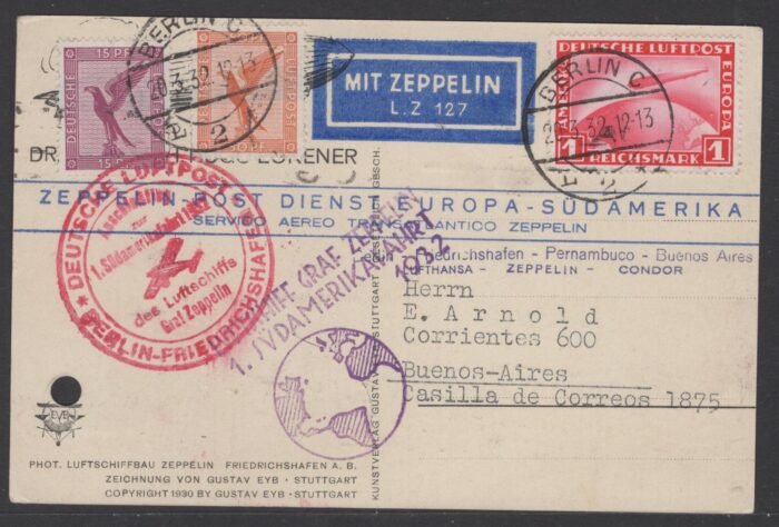 Germany post card Zeppelin flight 1st South America trip  Berlin 20 3 32 MI A379, 361, 455 VF